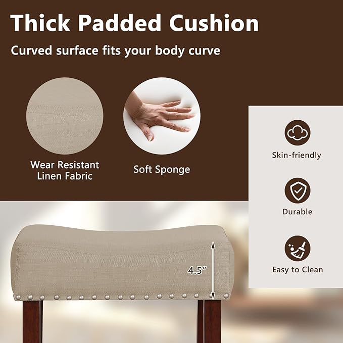 Giantex 25" Counter Height Bar Stools Set of 2 - Backless Saddle Barstools with Nailhead Linen Foam Seat, Max Load 330 Lbs Wood Bar Stools with Foot Rest for Kitchen Island, Khaki