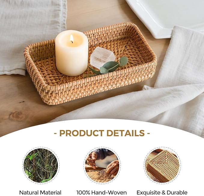 Small Rattan Serving Tray, Woven Rectangle Traykey Bowl for entryway, Natural Wicker Trays Key Bowl Decorative Baskets for Coffee Table, Kitchen, Bathroom