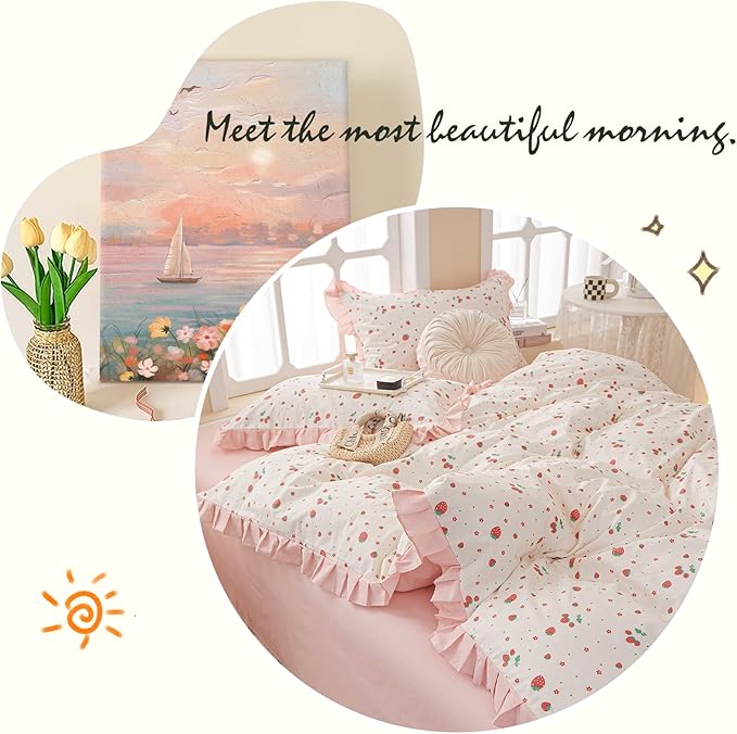 Kawaii Strawberry Duvet Cover Twin XL Girls Princess Pink Lace Duvet Cover 100% Cotton Cute Ruffle Bedding Set Twin XL Romantic Strawberry Print Ruffled Comforter Cover with Zipper Closure