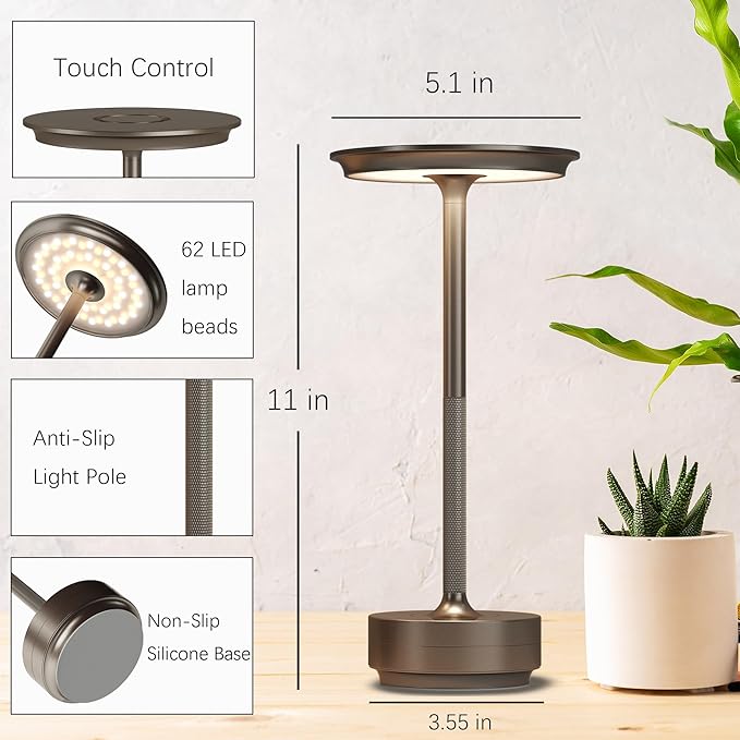 2 Pack Cordless Table Lamps Rechargeable, Portable 5000mAh LED Table Light, 3 Color Stepless Dimming Battery Powered Table Lamp for Bedroom/Home/Restaurant/Outdoor.(Cafe)