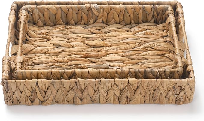 2 Pack Water Hyacinth Tray with Handles, Rectangular Wicker Serving Tray, Woven Serving Basket for Coffee Table, Bathroom, Living Room, Kitchen