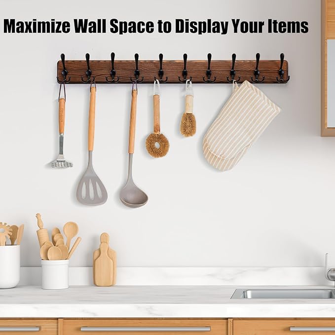 Rustic 38.6" Large Coat Rack Wall Mount, Long Wood Coat Hooks with 10 Triple Hooks, Heavy Duty Wooden Coat Hanger Wall Mount for Entryway, Farmhouse Hanging Jackets, Coats, Hats, Bags,Towel