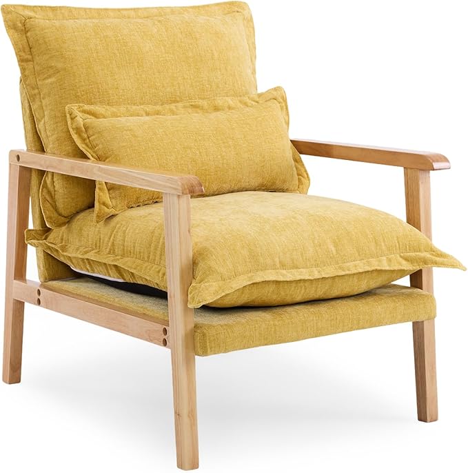 VINGLI Mid-Century Modern Cloud Accent Armchair with Lumbar Pillow, 6.3'' Thick Seat Cushion Comfortable Reading Chair with Wooden Armrests，Boho Lounge Chair for Bedroom, Living Room, Chenille, Yellow