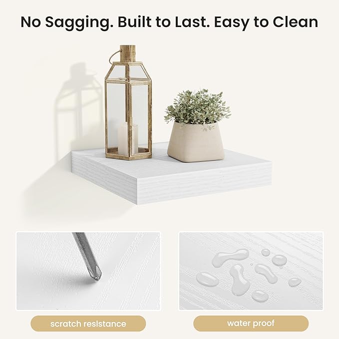 Fun Memories Rustic Floating Wall Shelves, Wall Mounted Wood Storage & Display Shelves for Bathroom, Bedroom, Living Room or Kitchen, (Set of 4, White, 9.3 in)
