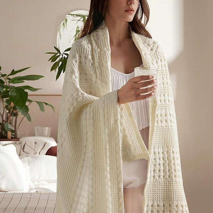 PHF 100% Cotton Waffle Weave Throw Blanket, Soft Lightweight Breathable Cozy Throws for Couch Bed Sofa, 300 GSM Luxury Aesthetic Blanket Gift for Home Decor & Office, 50"x60", Cannoli Cream