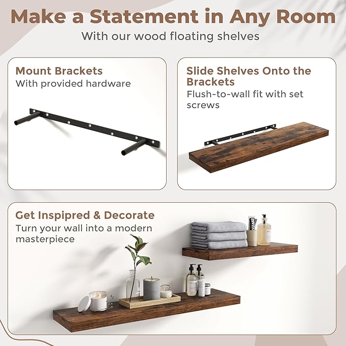 Floating Shelves for Wall with Invisible Brackets, Wall Mounted Engineered Wood Shelves with Wood Grain for Living Room, Bathroom, Kitchen Decor and Storage, Oak, 12"L Set of 3, Rustic Brown
