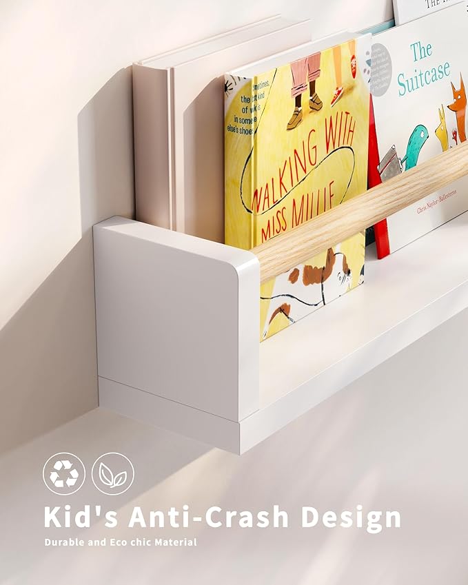 Nursery Book Shelves - 4 Pack, Wall Book Shelves for Bedroom Kids, Kids Wall Book Shelf, Book Shelf for Kid Rooms, Toddler, Baby, Play Room, Nursery Decor (White Wood, 23 Inches)
