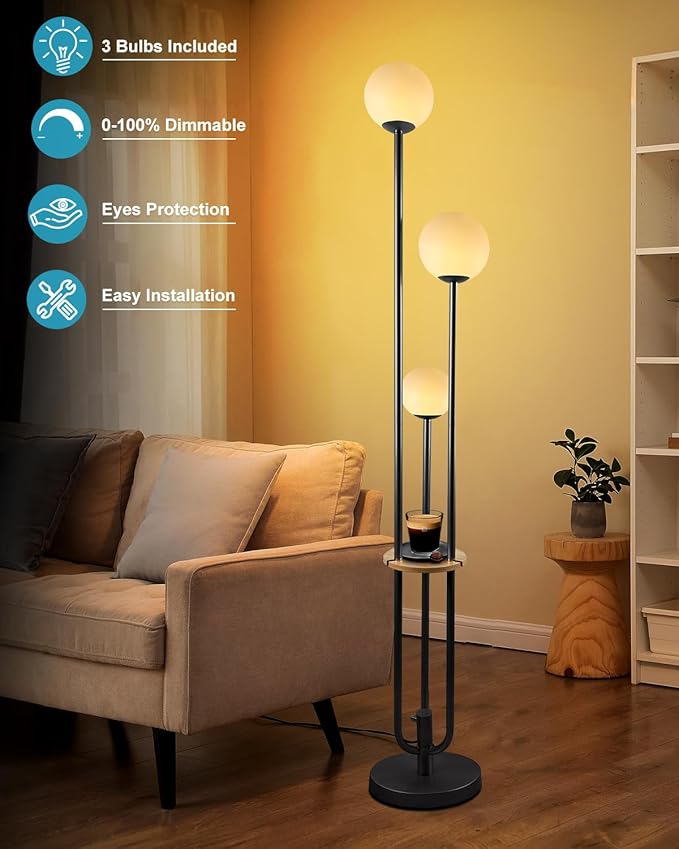 ACOHOOK 63IN Dimmable Floor Lamp with Shelf, Unique Globe Black Tall Standing Lamps Candle Holder Style, 3000K Warmwhite Mid Century Modern Floor Lamp for Living Room Home Office(Bulbs Included)