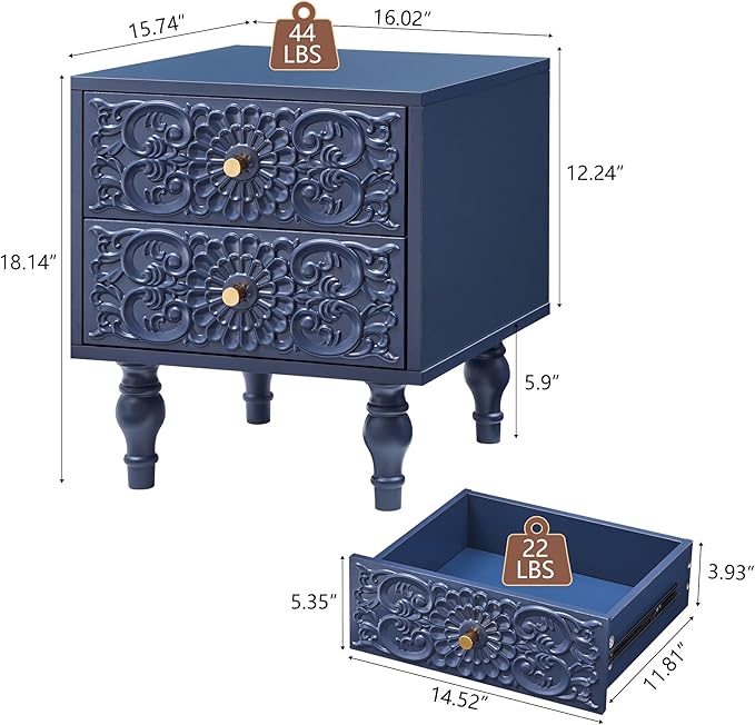 Nightstand, Farmhouse Bedside Table with 2 Drawers and Metal Handles, Wood Sofa Side Table End Table Accent Dresser for Bedroom, Living Room (Blue) (15.75 x 16.02 x 18.15 Inch)