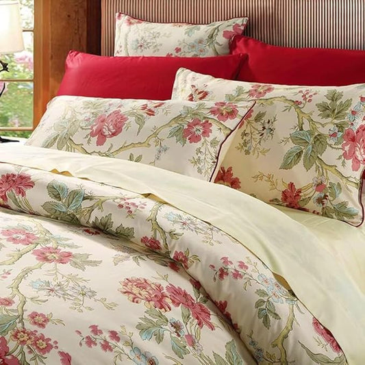 LifeTB Vintage Garden Style Duvet Cover King Red Flower Green Leaves Pattern Floral Duvet Cover Aesthetic Comforter Cover Soft Cotton Floral Bedding Set Botanical Garden Flower Duvet Cover King Size