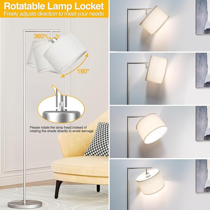 CNXIN Floor Lamp for Living Room with 3 Color Temperatures Standing Lamp with Adjustable Beige Linen Lampshade Tall Lamps for Bedroom Office Classroom Dorm Room, 9W LED Bulb Included, Silver