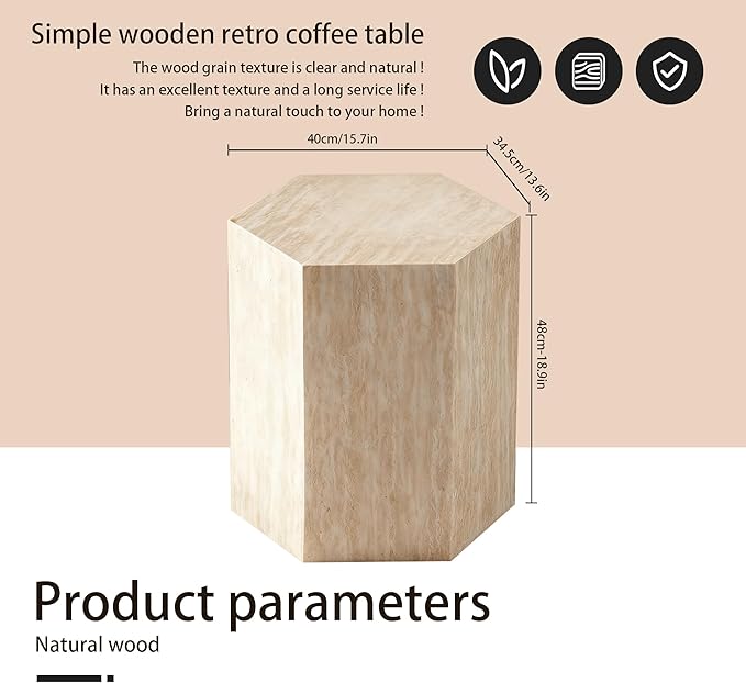 Modern Hexagonal Side Table, Walnut Wood MDF Coffee Table with Natural Texture, Non-Slip Surface, 15.7x13.8x18.9 Inches (Travertine)