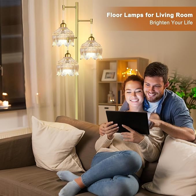 ZECOXOL Gold Floor Lamps for Living Room Bedroom-3 Light Glass Floor Lamp with Three Led Bulb,Mid Century Standing Lamp Vintage Brass Tall Lamp Tree Floor Lamp for Bedroom Corner