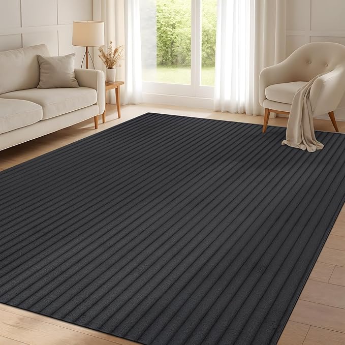 Beverly Rug Non Slip Area Rug 5 x 7 Modern Durable Ultra Soft Ribbed Indoor Rugs for Living Dining Room Office Stain Resistant Non Shedding Casual Easy Shag Indoor Carpet Dark Gray 5x7