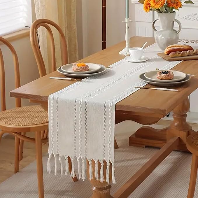 Niviy Ivory White Rustic Linen Table Runner 72 Inches Long with Tassels, Embroidered Table Runner Farmhouse for Party, Dresser Decor and Dining Room Decorations (White, 12"×72")