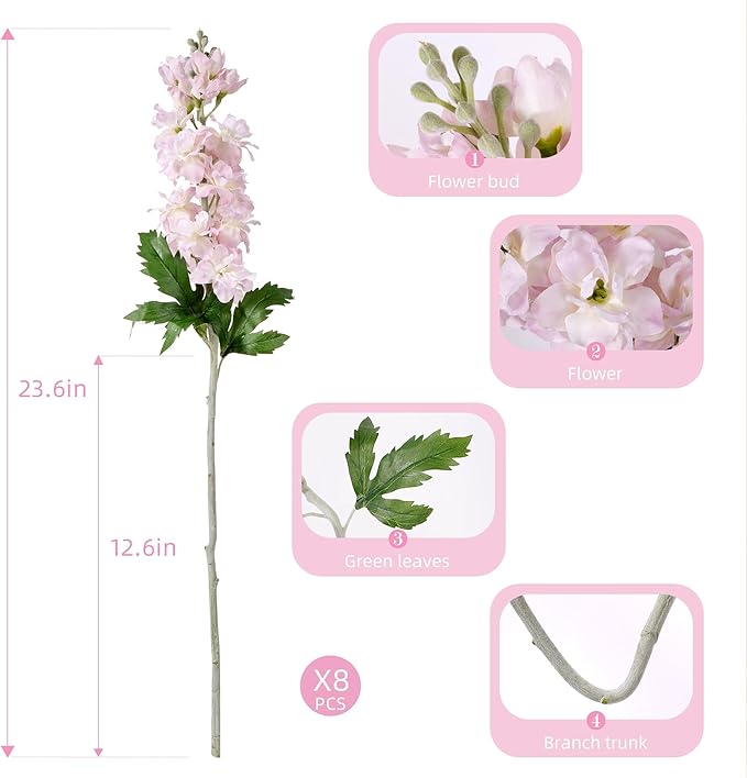 Fake Flowers Delphinium Artificial Flowers Silk Flowers with Stems Long Stem Artificial Flowers for Tall Vase Faux Flowers for Indoor Home Decoration Wedding Decoration Centerpiece (23.6”,8Pcs,Pink)