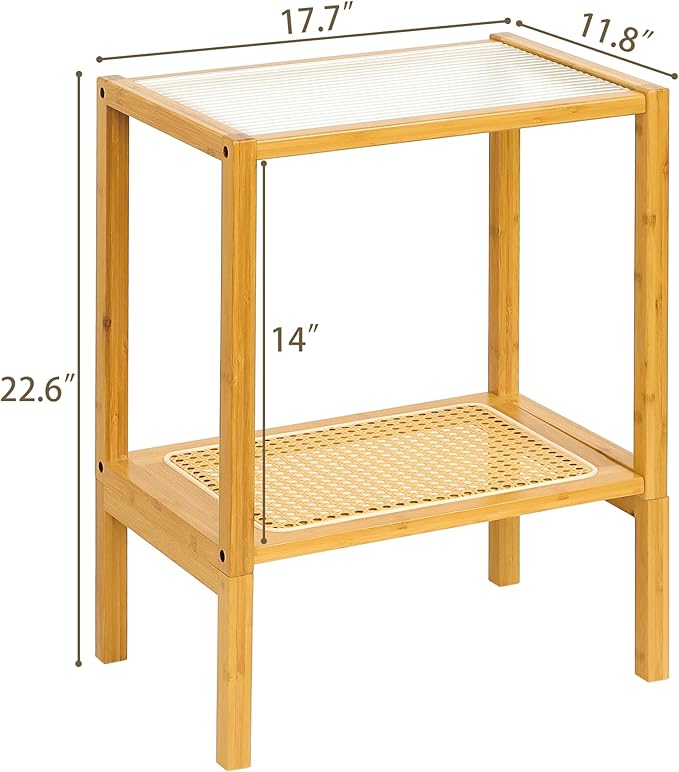 2-Tier Bamboo Side Table, Modern Glasstop Rattan Side Table, Mid Century Wood Sofa-Side End Tables for Living Room, Bedroom Night Stand with Storage, Small Narrow Coffee Tables, Burlywood