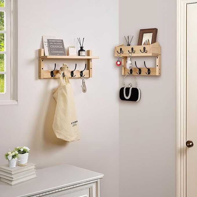 28.9" Wall Hanger Coat Rack Key Holder Wall Mount with Shelf,11Shelf with Coat Hooks Wall Mount, Coat Hangers for Bathroom, Living Room, Bedroom (Wood Color)