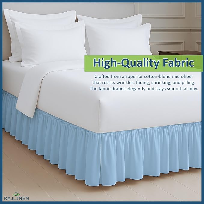 Rajlinen Ruffled Bed Skirt King, 14 Inch Drop Dust Ruffle with Split Corners, 100% Microfiber Bedskirt with Platform, Three-Sided Coverage Ruffled Gathering Design, Light Blue