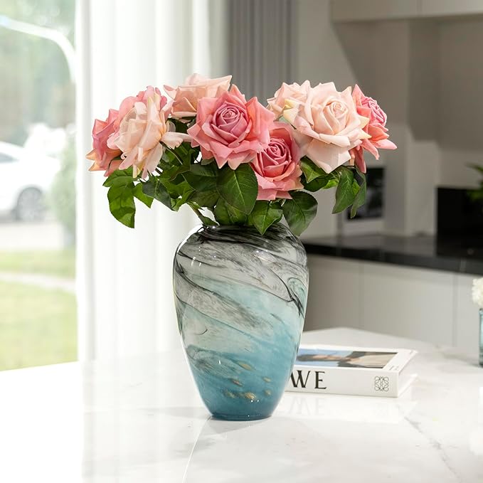 11" H Teal Glass Vases for Flowers, Unique Hand Blown Glass Vase Blue Home Decor, Wide Mouth Colorful Flower Vase Centerpieces, for Living Room Table Bookshelf, Bathroom Office Shelf Decorative