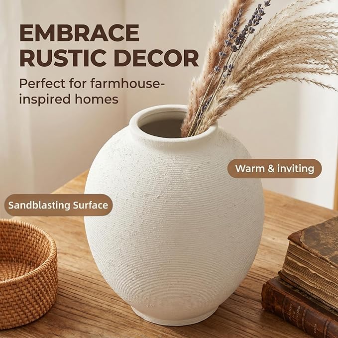 Large White Ceramic Vase, 9.8 inch Round Minimalist Textured Vase, Rustic Farmhouse Decor for Home, Living Room, Shelf, Table, Wedding & Entryway Decoration (Sandstone White)