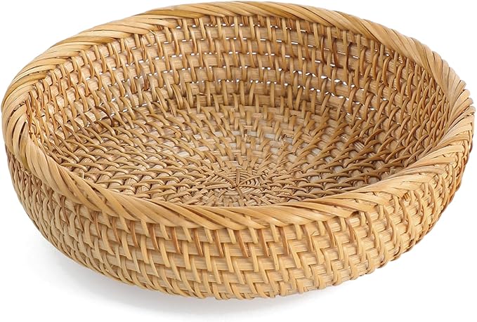 HITOMEN Handmade Rattan Bread Baskets Round Wicker Fruit Serving Storage Bowls, Natural Woven Decorative Kitchen Counter Organizing (Honey Brown) S-8"