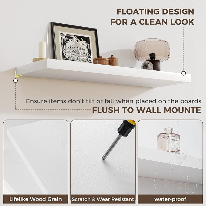 Fun Memories 12 Inch Square Floating Shelves 3 Pack - Wall Shelves with Invisible Brackets, Small Floating Shelves for Wall, White Wood Shelves for Bathroom, Living Room, Bedroom, and Kitchen Decor