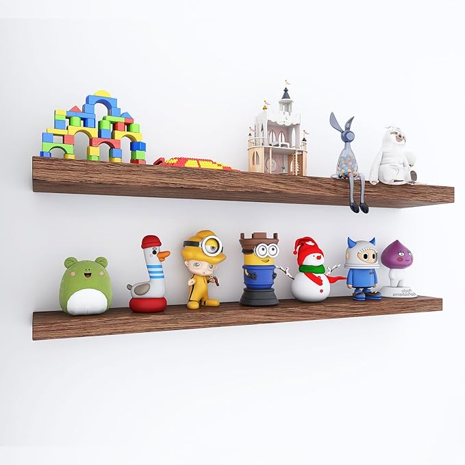 Floating Shelves for Wall, Set of 2 Solid Wood Wall Shelves for Bathroom, Small Hanging Shelf for Books Storage Room Decor (Walnut, 24in)