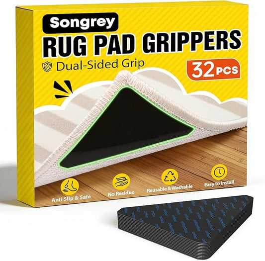 Songrey Rug Tape Rug Corner Grippers 32PCS, Reusable Double-Sided Carpet Tape to Hold Area Rugs Down, Non Slip Rug Pads Gripper for Hardwood Floors No Damage