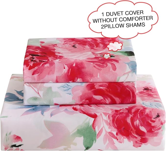 JSD Rose Floral Duvet Cover Set King Size, 3 Piece Soft Printed Microfiber Comforter Covers Zipper Closure