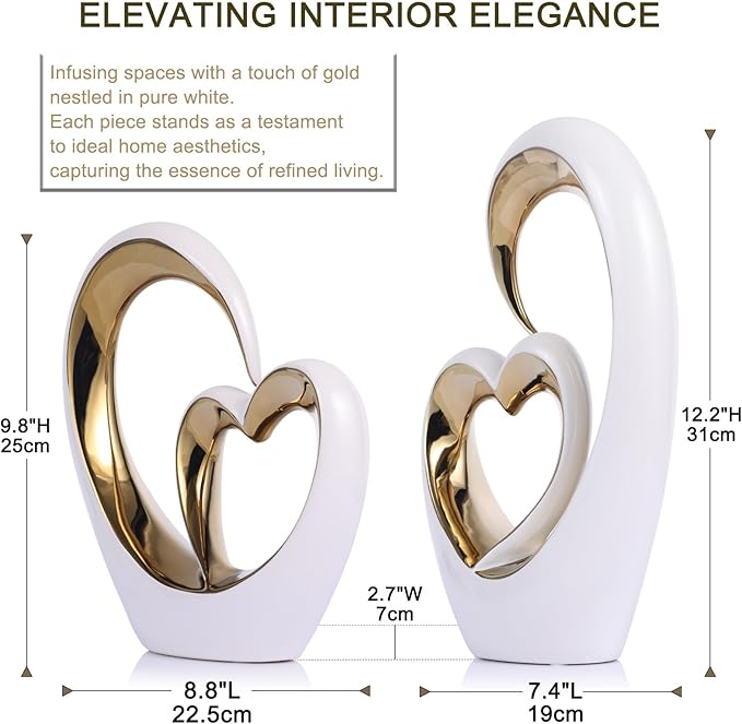 White Gold Ceramic Heart Statues - Abstract Home Sculptures for Bedroom, Wedding, Valentine Decor & Gifts for Women