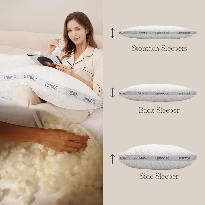 Luneast Memory Foam Pillows for Sleeping Adjustable Bamboo Blend Breathable Bed Pillow for Side, Back, and Stomach Sleepers Washable Pillow Cover King Size 17X33IN