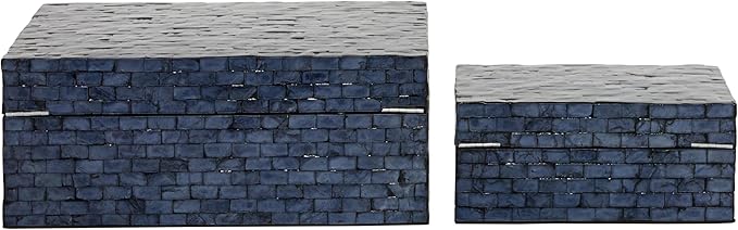 Deco 79 Mother of Pearl Shell Handmade Decorative Box Mosaic Storage Decorative Keepsake Boxes, Set of 2 Storage Boxes 5", 4"H, Dark Blue