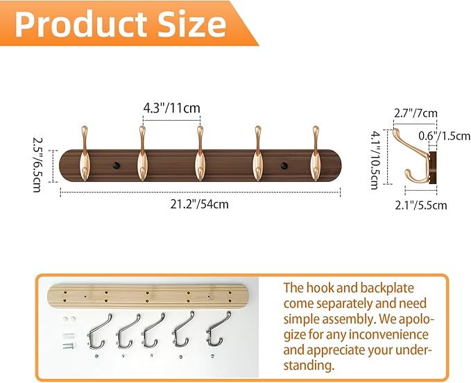 Coat Rack Wall Mount, Bamboo Coat Hanger with 5 Metal Pink Gold Hooks for Hanging Clothes, Towels, Keys, Hats, Bags(Brown)