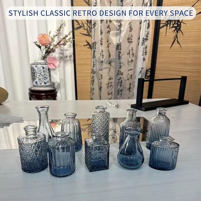 KUAGUINZUHE 12 Pcs Glass Bud Vase Set, Small Blue Vintage Flower Vases for Wedding Centerpieces in Bulk, Mini Embossed Vases for Home Table Decor, Party, Baby Shower Decorations