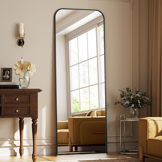 Full Length Mirror 64"x21" Arched Floor Standing Large Mirrors Full Body Mirror with Stand - with Aluminum Frame for Bedroom Living Room, Black