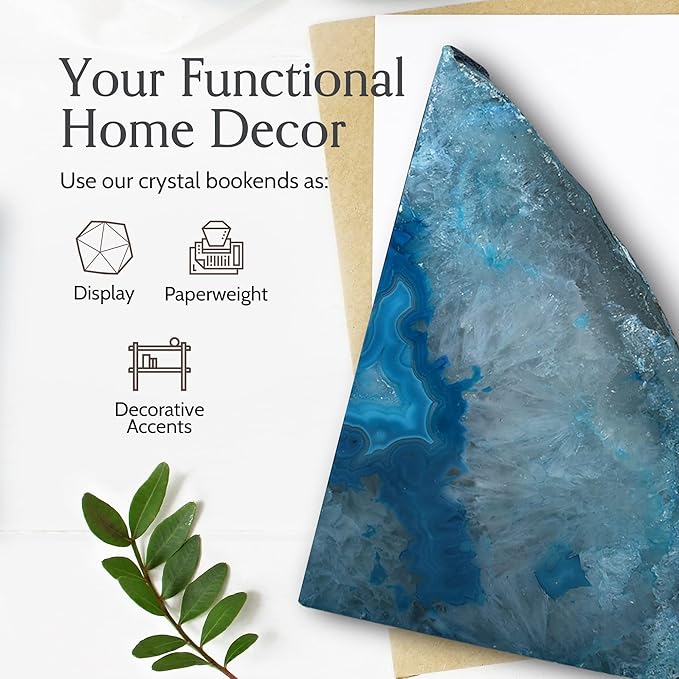 Nature's Decorations Teal Agate Bookends – A+ Grade Geode Heavy Duty Decorative Stone Crystal Book Ends for Shelves & Bookcases, Natural Polished Bookshelf Decor, 1 Pair 2-3Lbs