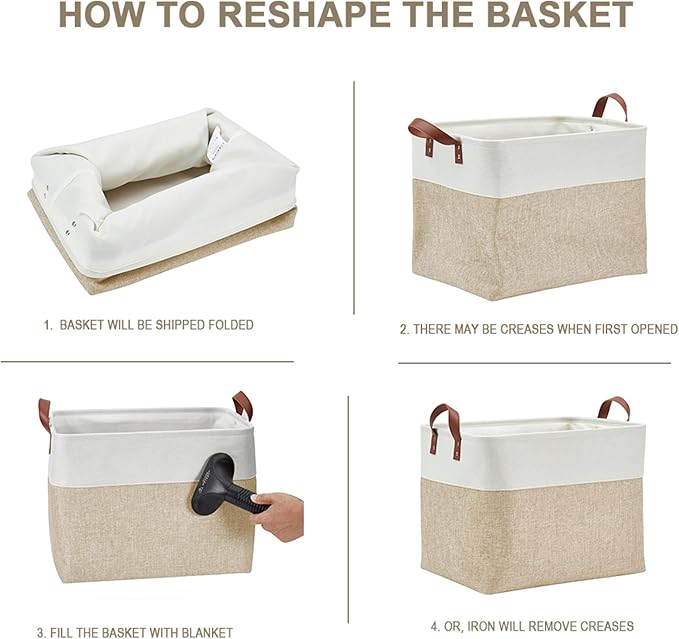 DECOMOMO Large Fabric Storage Baskets - Linen Closet Storage Bins with Handles for Laundry, Clothes, Home, Office (Beige & White, XXL - 3 Pack)