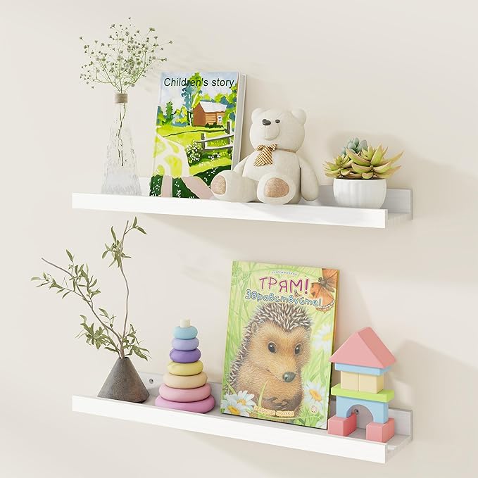 Fun Memories Picture Ledge Shelf, Pine Wood Floating Shelves Set of 2, 24 inch Nursery Book Shelves, Photo Ledge Book Shelves Wall Mounted for Living Room Kids' Room Bedroom - White