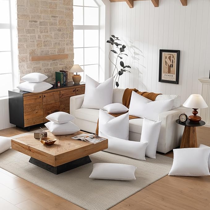 basic home 14x14 Decorative Throw Pillow Inserts-Down Feather Pillow Inserts-Square-Cotton Fabric-Set of 2-White.