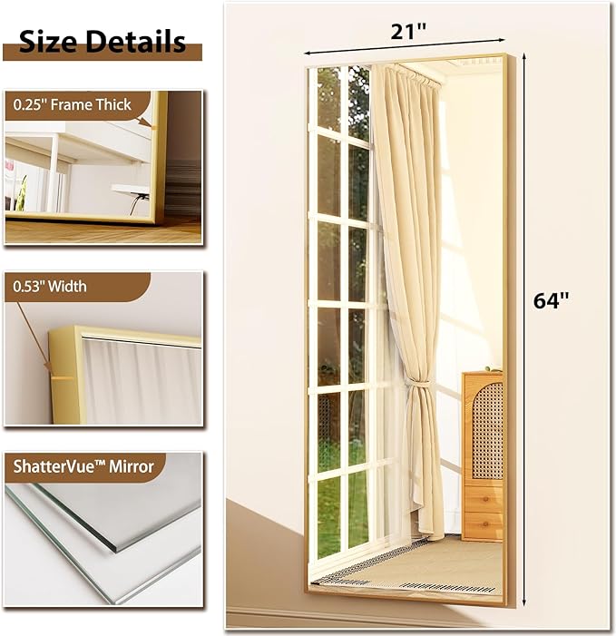 GLSLAND 64"x21" Full Length Mirror Big Standing Mirror Freestanding Hanging or Leaning Rectangle Floor Mirror Aluminum Alloy Thin Frame for Bedroom Living Room,Gold