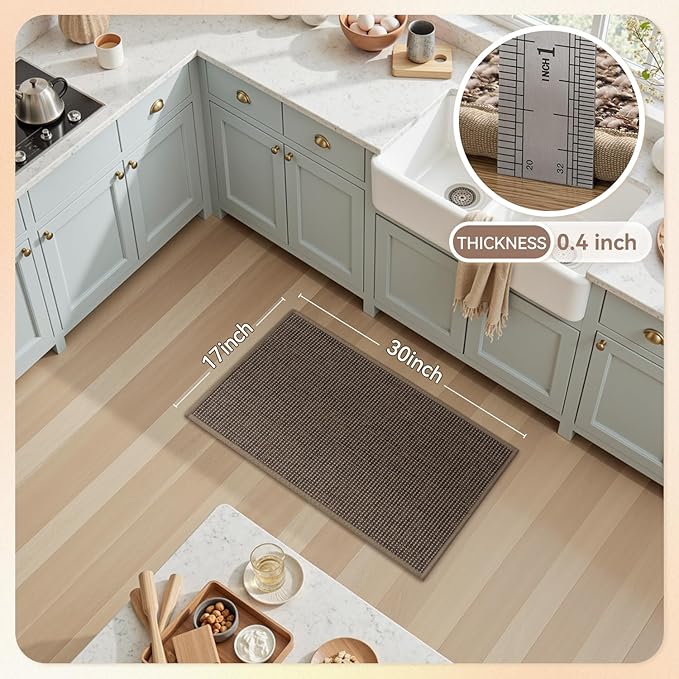 PADOOR Kitchen-Rugs Non Slip Washable, Kitchen-Mats for Floor Super Absorbent Kitchen Floor Mat, Rubber Backing Kitchen Runner Rug, Comfort Standing Mats in Front of Sink 17"x30" Brown