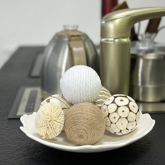 6 Pcs Decorative Balls for Centerpiece Bowls,2.36 Inch Natural Handmade Cotton Linen Orbs Balls,Wood Decorative Ball,Vase Fillers, Home Table Decor