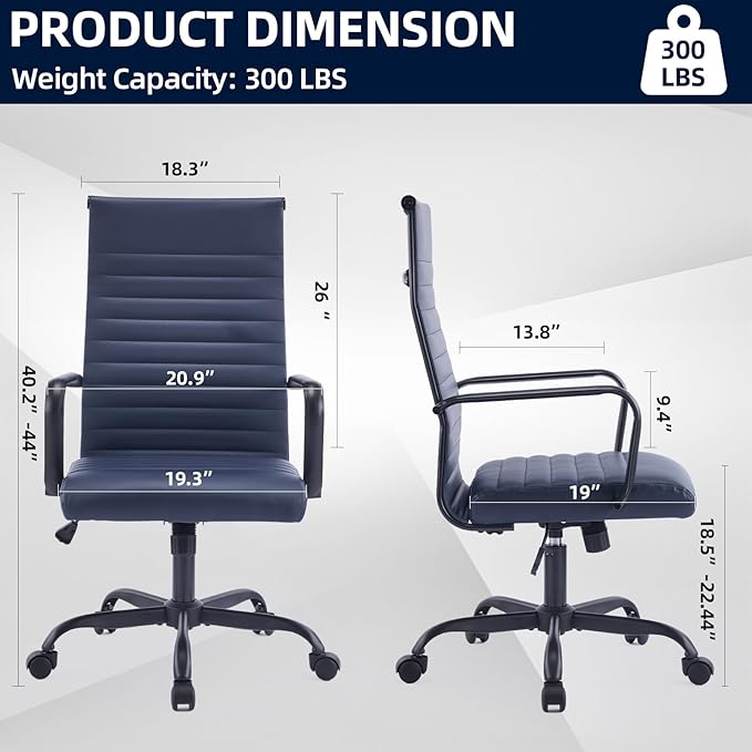 Haranuo Office Chair, Ergonomic Executive Conference Room Chairs, Ribbed Leather Desk Chair with Lumbar Support, Adjustable Height Mid-Back Swivel Chair with Padded Seat