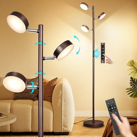 Tree Floor Lamp for Living Room - Modern Brown Standing Lamp, LED Floor Light with Remote & Touch, 3000K-6000K Dimmable for Bedroom Office Reading (3 Head)
