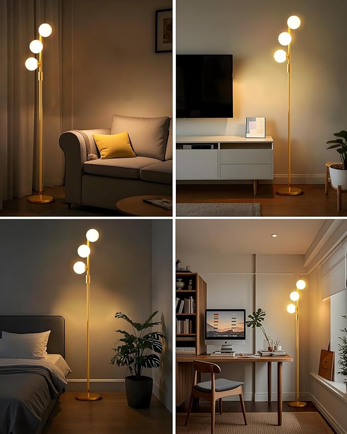 Lightdot 64IN Dimmable Globe Floor Lamp, Gold Standing Lamps with 3pcs 3000K G9 Bulbs Soft Warm White Eye Care, Mid Century Floor Lamp for Living Room