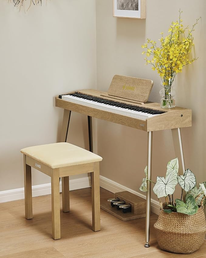 Donner Piano Bench with Storage, Solid Wood Keyboard Bench Piano Bookcase Stool Chair Seat with High-Density Suede Cushion, Light Wood Color