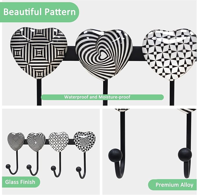 Coat Rack Wall Mounted with 4 Hooks, Heart Geometric Pattern Decorative Wall Hooks for Hanging Hat, Key, Towel, Purse, Bag and Robe, for Entryway, Bathroom, Hall Organizer Hanger Rack - Metal
