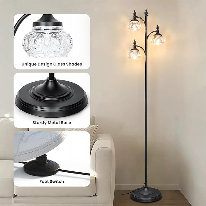 JUNNAI Black Floor Lamp for Living Room,Tall Standing Lamp Dimmable Tree Floor Lamps with 3 Rotatable Lights Glass Shade 66.5'' Modern Corner Lamp for Bedroom Office(3LED Bulbs Included)