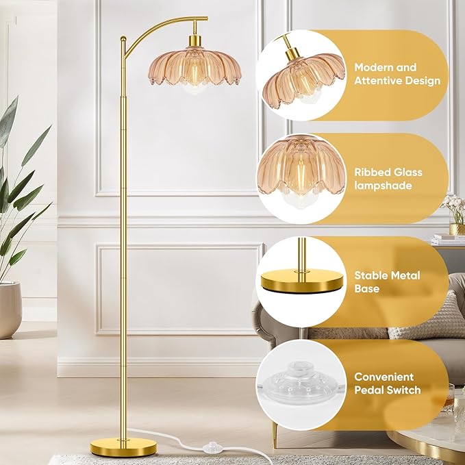 gernehop Gold Floor Lamp for Living Room with Remote,Unique Vintage Standing Tall Lamp,Mid Century Modern Floor Lamps Arc Glass Floor Lamps for Office Corner